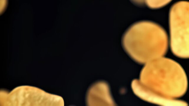 Chips. Falling. Snack. Crispy. Golden.