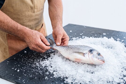 Fishmonger holding a fresh raw sea bream fish placed on crushed ice on a black slate counter in a seafood market