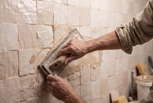 Close up of a professional craftsman applying grout with a rubber float on a wall with handmade ceramic tiles during renovation