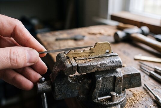 Locksmith Filing Brass Key Blank Clamped in Bench Vise Inside Workshop