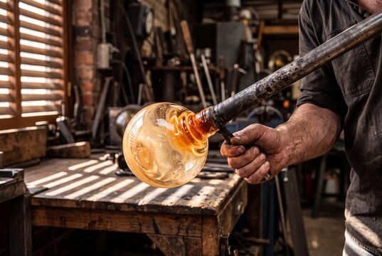 Skilled artisan shaping glowing molten glass bubble with a blowpipe in a rustic workshop