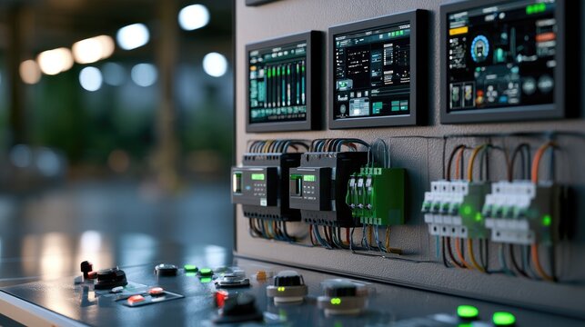 Control panel with digital displays and buttons showcasing technology in an industrial setting for automation and monitoring applications