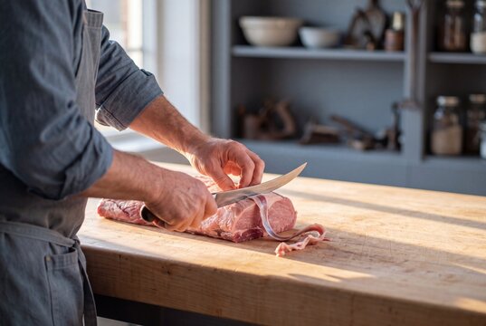 Professional butcher carefully trimming raw meat with a sharp knife on a wooden cutting board in a rustic kitchen
