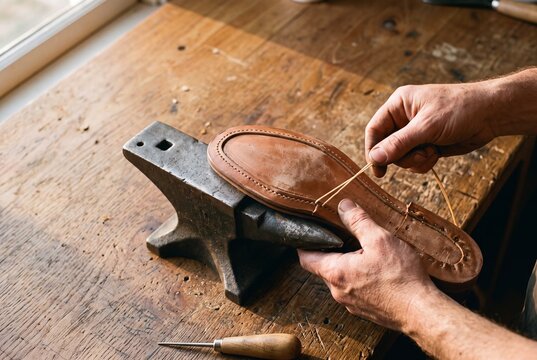 Hands of a skilled artisan cobbler stitching a leather shoe sole using thread on an anvil in a traditional shoemaking workshop