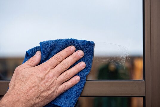 Close up of a man cleaning a dirty glass window pane using a blue microfiber cloth during domestic housework chores