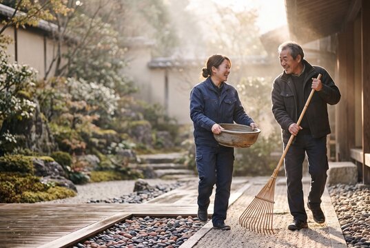 Japanese gardeners smiling and walking together while tending a traditional zen rock garden in the morning sunlight