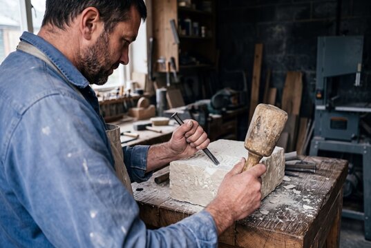 Skilled stonemason carving stone with chisel and wooden mallet on a workbench in a traditional artisan workshop