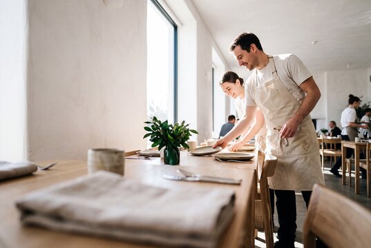 Smiling Restaurant Staff in Aprons Setting Wooden Tables in Bright Modern Dining Room