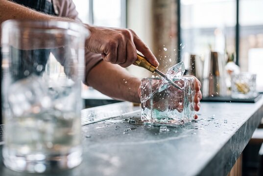Professional bartender chipping and carving a large clear ice block with an ice pick tool on a modern bar counter