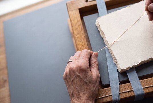 Hands of an artisan bookbinder sewing handmade paper signatures using traditional wooden frame and thread