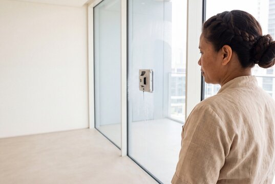 Woman Watching an Automatic Robotic Window Cleaner Washing Glass Doors in a Modern Apartment
