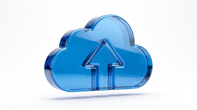 A shiny blue glass cloud icon with an upload arrow symbol representing cloud computing and data transfer technology