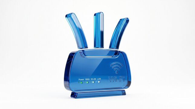 Modern blue plastic wireless router with three antennas for high speed internet connection and home networking equipment technology