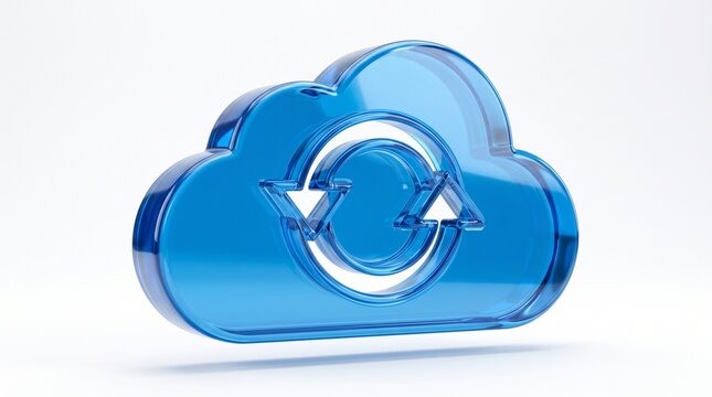 Blue glossy cloud icon with a circular refresh arrow symbol representing data synchronization and cloud computing technology