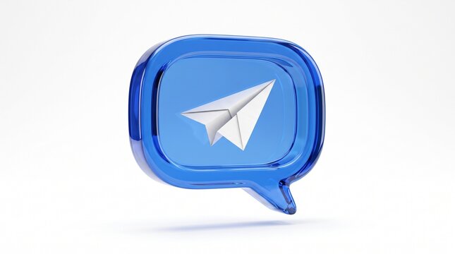 3d rendered blue speech bubble icon with a white paper plane symbol for messaging and social media communication concepts