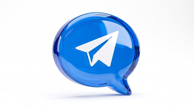 Blue glossy 3d speech bubble icon with a white paper plane symbol for social media messaging and digital communication technology