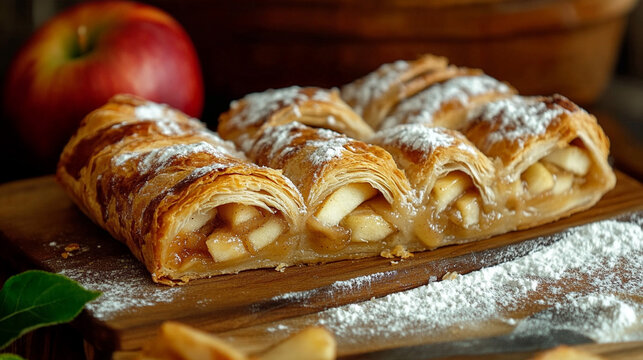Sliced Apple Strudel with Flaky Golden Pastry and Fresh Apple Filling