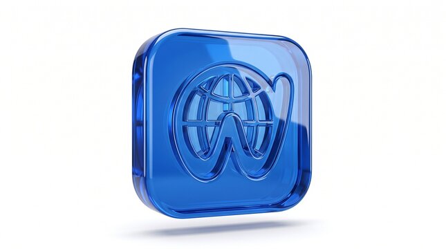 Shiny blue 3d icon of a globe with the letter w inside a rounded square shape representing internet and global communication technology