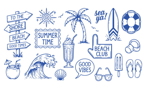 Hand drawn summer beach icons set, blue ink doodle illustrations of tropical vacation elements, nautical surf and ocean travel vector graphics