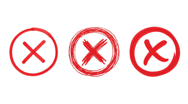 Three distinct hand drawn red circular crosses isolated on a white background representing rejection negative feedback or incorrect test answers