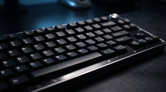 Modern Black Mechanical Gaming Keyboard with Volume Knob on a Dark Desk Setup, Close-up Perspective