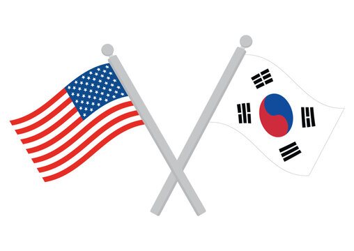 United States and South Korea Flags Crossed on Poles with Waving Banners