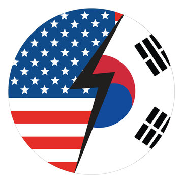 United States and South Korea Flags Split by Lightning Bolt in Circular Design