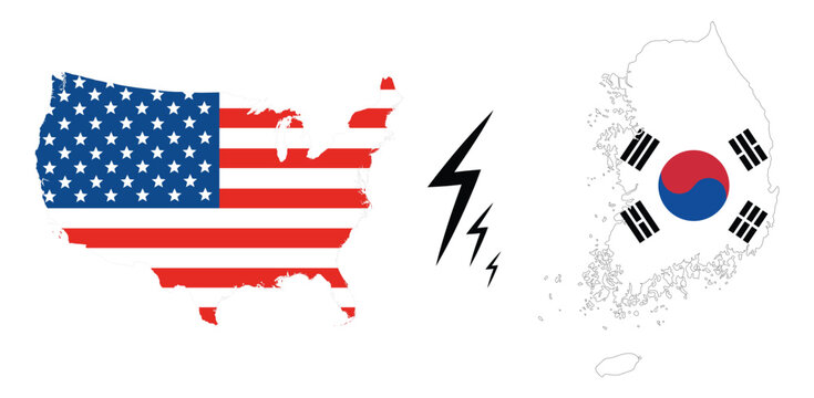 United States and South Korea Maps with National Flags and Lightning Symbol