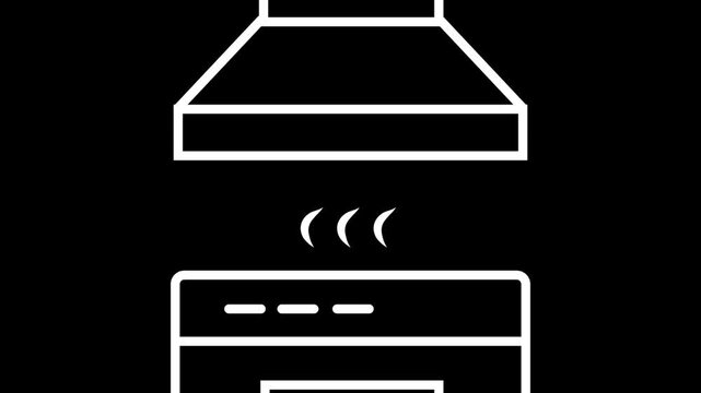Animated white outline of a kitchen stove and range hood with rising steam on a black background. Perfect for cooking concepts.