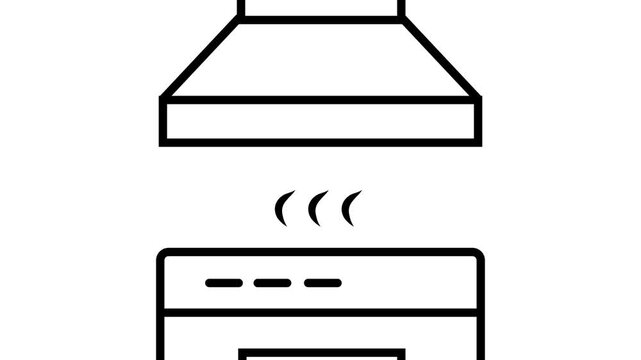 Animated black outline of a kitchen stove and range hood with rising steam on a white background. Perfect for cooking concepts.