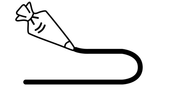 Animated black outline of a pastry piping bag drawing a line of icing on a white background. Great for baking and desserts.
