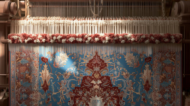 Persian rug weaving process with intricate patterns and vibrant colors in traditional workshop