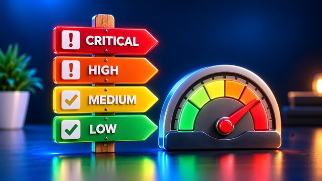 Wooden signpost with priority levels and a speedometer gauge pointing to red. Concept of corporate risk management and performance evaluation.