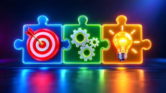 Three glowing puzzle pieces with a red target, metallic gears, and a light bulb. Concept of corporate strategy and business problem solving.