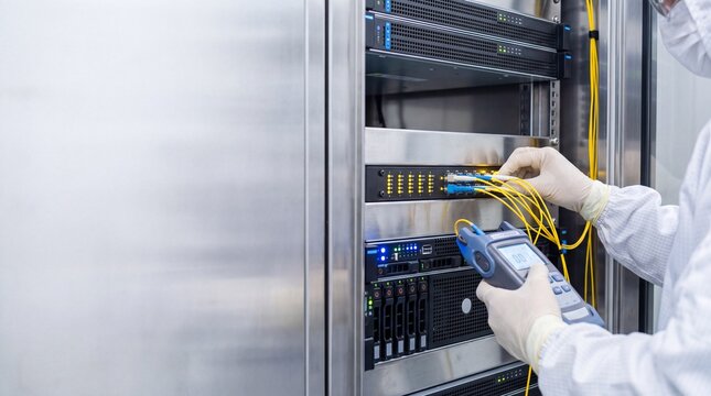 Cybersecurity Technician Inspecting Fiber Optic Network Tap Coupler