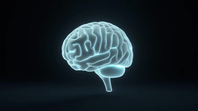 Deep blue glowing translucent brain in left third with empty dark copy space on right