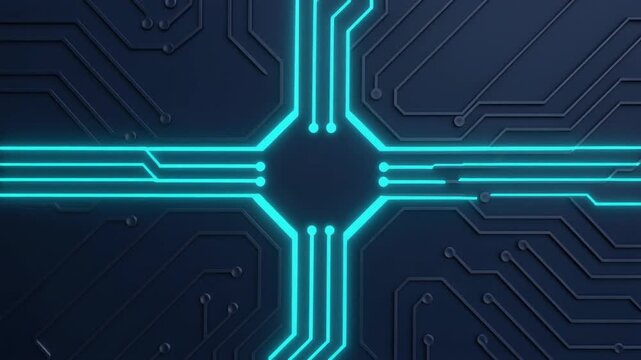 Macro view of clean abstract circuit board in dark navy blue with fine cyan light lines