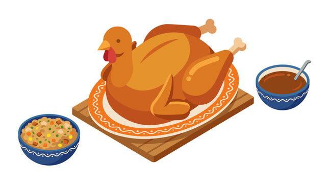 Isometric vector illustration of a whole roasted holiday turkey served on an ornate plate with stuffing and gravy bowls, perfect for Thanksgiving or Christmas dinner feast concepts.