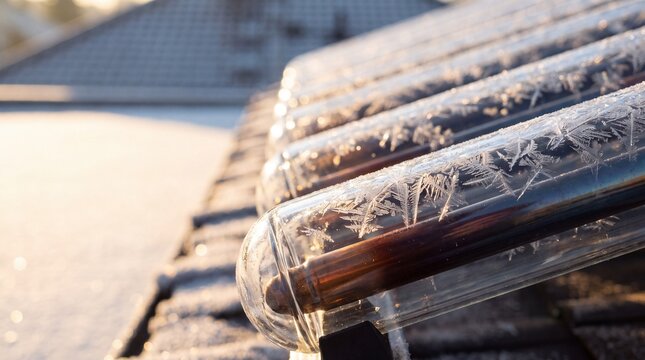 Macro of Evacuated Tube Solar Thermal Collectors with Frost Crystals