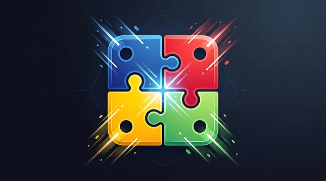 Colorful puzzle pieces fitting together on dark background