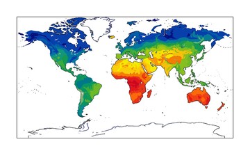 Colorful illustrated world map showing continents with vibrant climate-like gradients, from cool blue polar regions to warm red and orange tropical zones. © Umm Hamzah