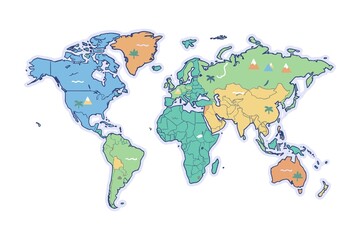 Playful illustrated world map with pastel continents, country borders, mountains, trees, rivers, and ocean details in a charming educational style © Umm Hamzah