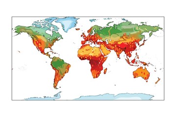 Vintage-style illustrated world map with continents rendered in layered green, yellow, orange, and red tones, creating a textured geographic and climate-themed appearance. © Umm Hamzah