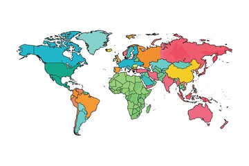 Colorful hand-drawn world map showing countries in distinct bright colors, with clear borders and simplified geographic shapes on a clean white background. © Umm Hamzah