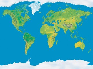 Detailed physical world map showing continents, mountain ranges, rivers, forests, deserts, and polar regions with vivid green, yellow, blue, and white terrain. © Umm Hamzah