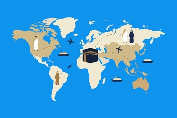 Illustrated world map showing global travel to Mecca, featuring the Kaaba, pilgrims, airplanes, ships, and international travel routes. © Umm Hamzah