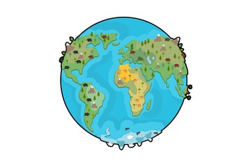 Cute illustrated globe showing continents, oceans, mountains, forests, deserts, and diverse wildlife in a colorful educational style. © Umm Hamzah