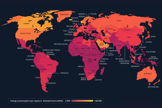Dark infographic world map showing countries with labels and a red-orange energy consumption scale measured in kilowatt-hours per capita.