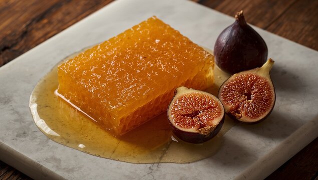 Honeycomb block with figs on marble surface, golden syrup drizzle