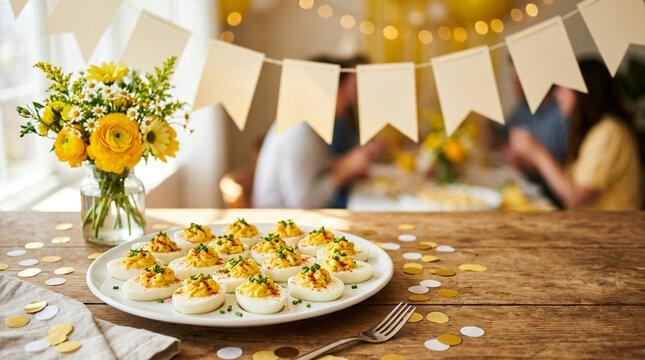 Deviled Eggs on a White Plate with Yellow Flowers and Festive Party Bunting